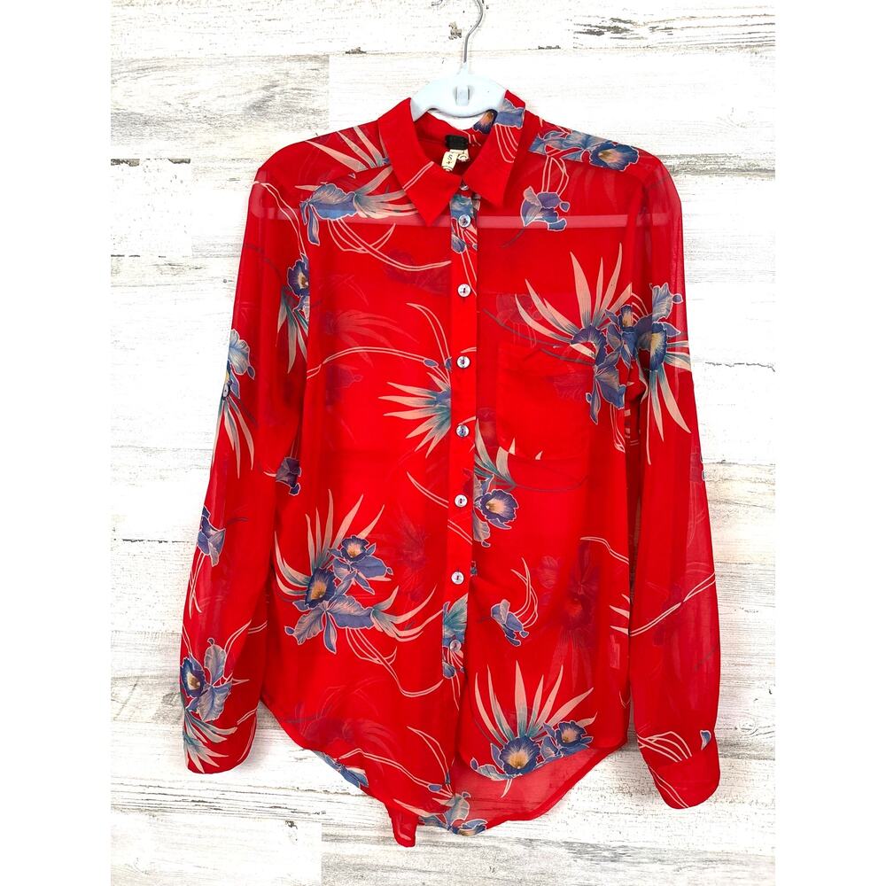 We The Free Womens S Red Floral Oversized Boho Button Up Shirt Blouse Sheer